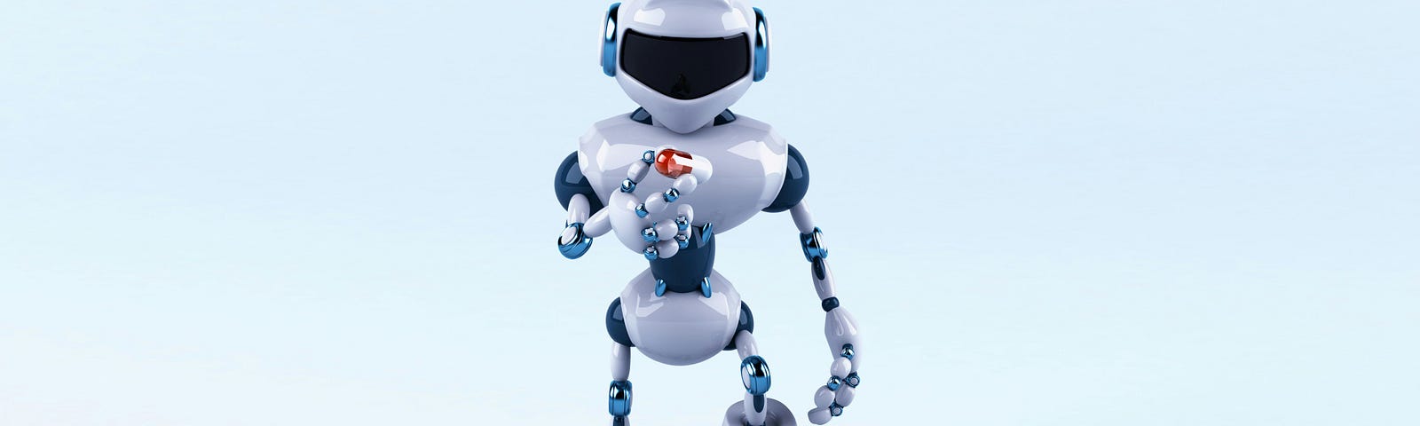 A robot figure against a plain, abstract background