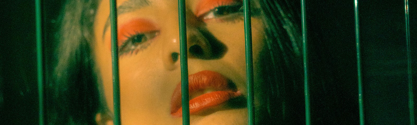 young woman looking through caged barrier