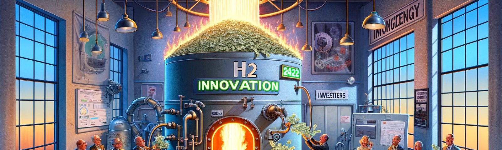 ChatGPT & DALL-E generated panoramic satirical image depicting a hydrogen economy firm taking money from investors and burning it.