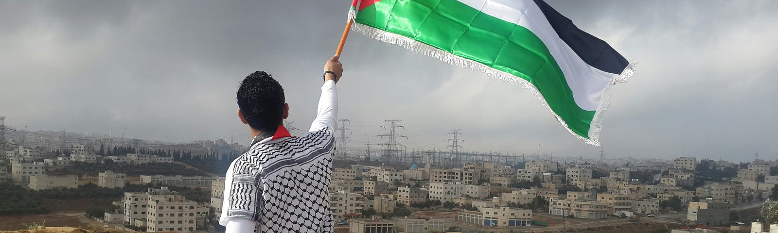 Man wearing a keffiyeh-inspired shirt holding up a Palestinian flag