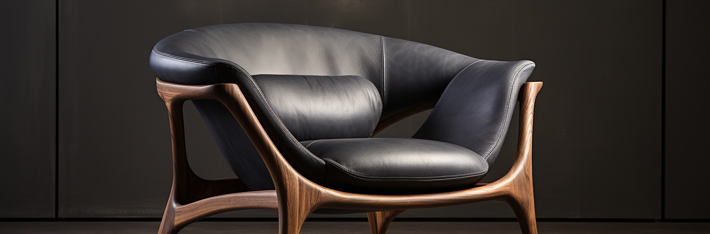 a modern oversized side chair with smooth, dark gray leather upholstery. An AI generated image.