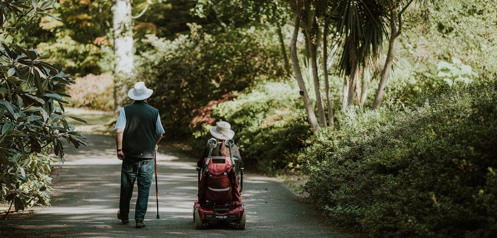 A man and wife in love walk through a park together.