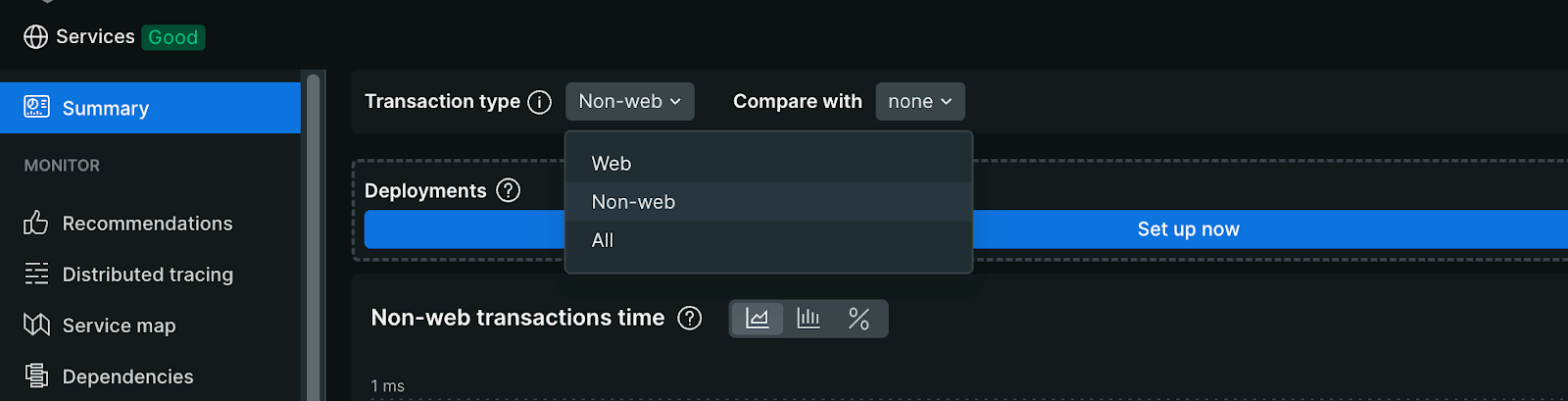 A imagem mostra o menu de Transaction Type aberto, onde está selecionada a opção Non-web