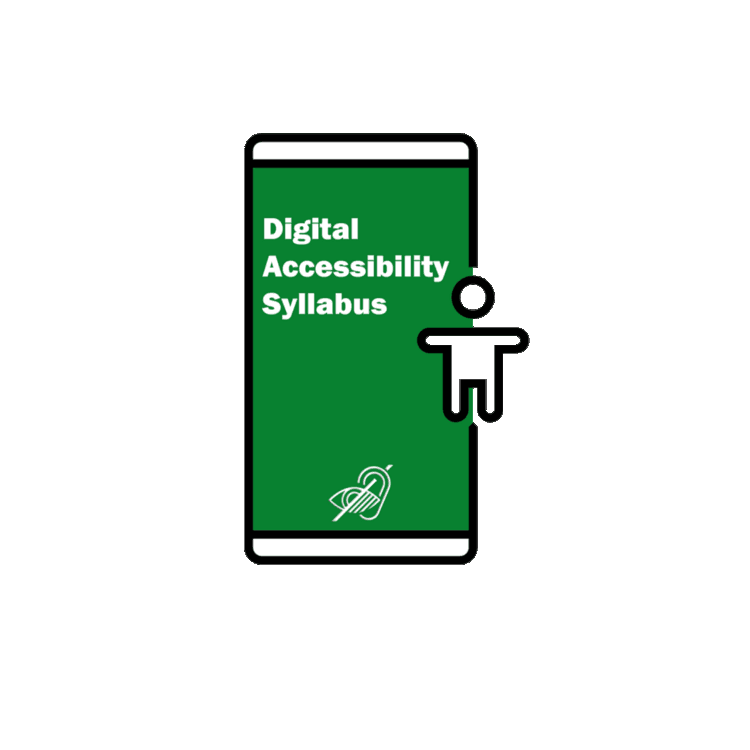 Accessibility logos in black on a phone with a green background.