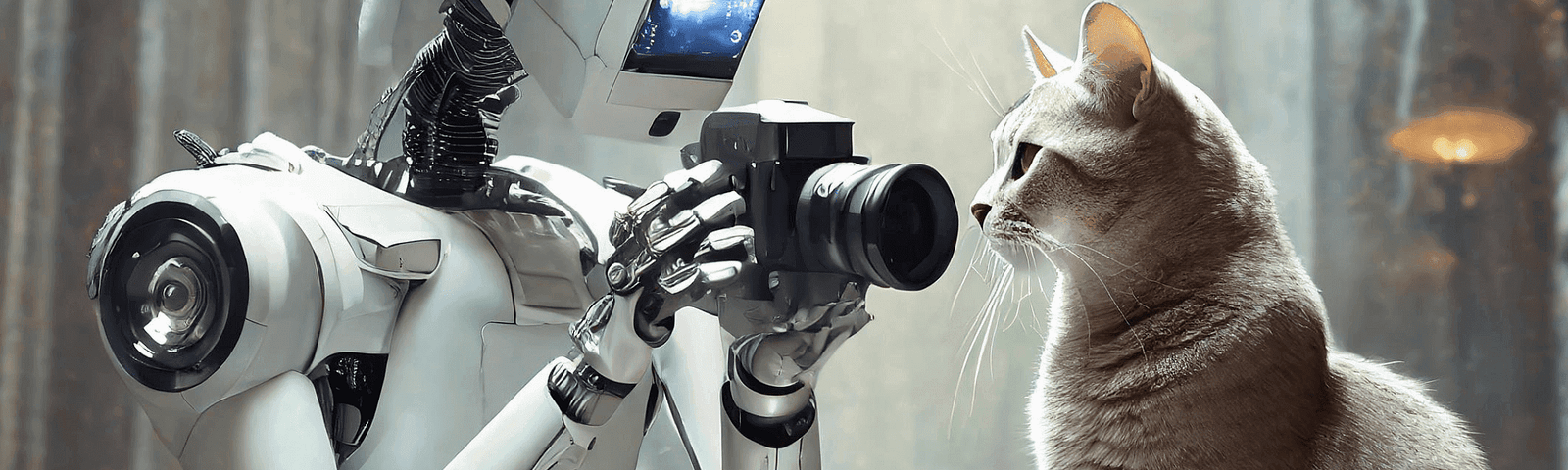 A robot taking a photograph of a cat