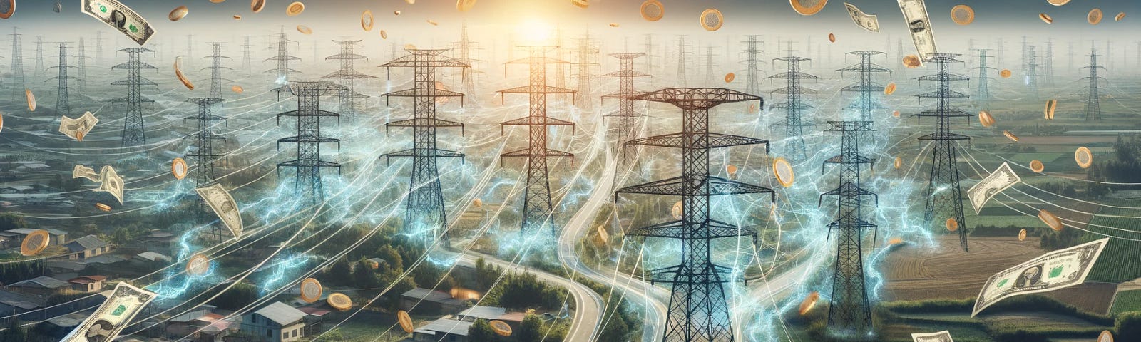 ChatGPT & DALL-E generated panoramic image depicting money flowing along transmission lines, symbolizing the flow of capital and investment through various sectors of the economy.