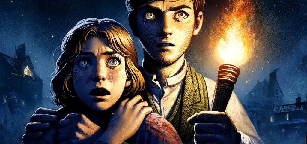 A nightfall scene in a village with two characters, Lucy and Tom, looking terrified. Tom holds a flickering torch, and a shadowy figure darts past. The atmosphere is eerie and tense.