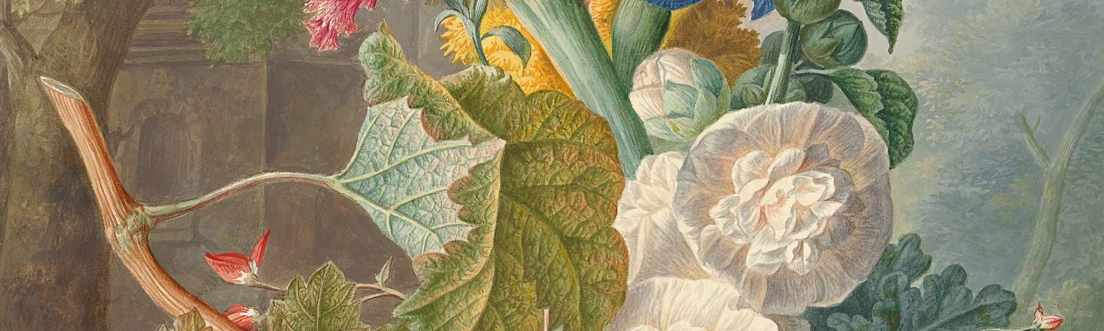 Photo of a painting of grapes, other fruits & veggies and flowers.