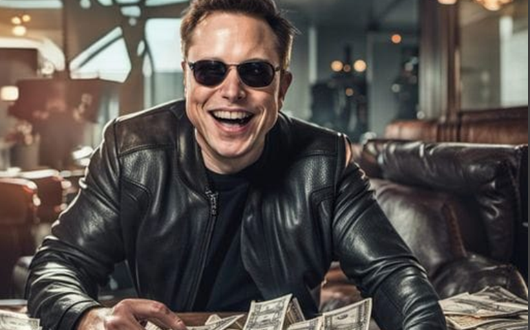 Ai-generated image. A casually dressed man exudes confidence, sporting sunglasses and a leather jacket. With a beaming smile, he playfully holds stacks of banknotes in his hands, while others rest on the table before him, painting a picture of unmistakable financial success