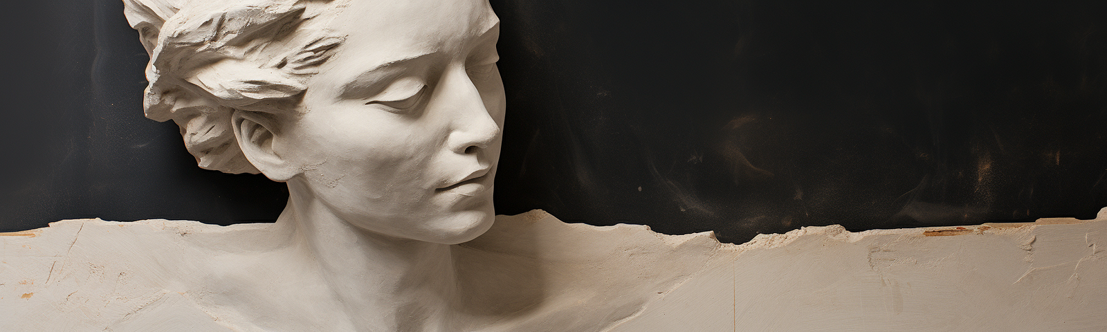 A partially finished sculpture of a womans head in an otherwise unfinished block of marble.