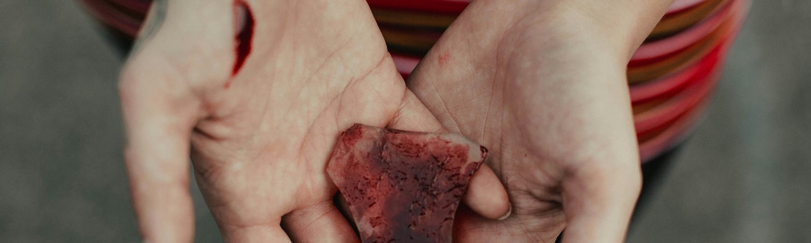 Woman’s bloody hands holding a shard of glass. Blood is hopefully fake.