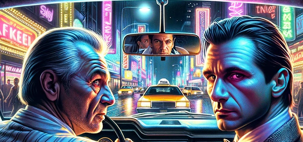Dramatic night in neon-lit city with unique-faced taxi driver and wealthy passenger capturing a gamble of life encounter