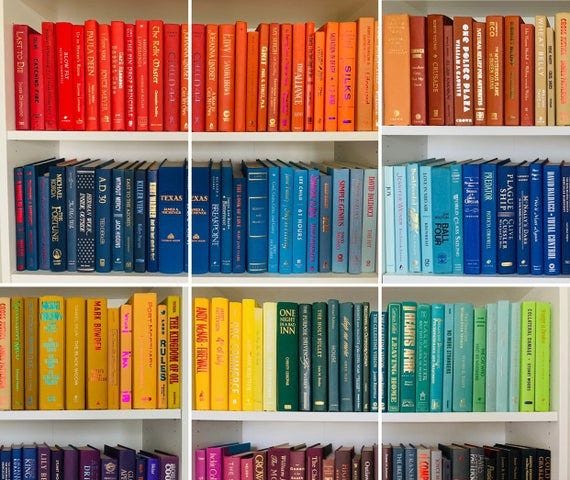 An image of a bookshelf with colorful books.