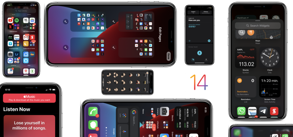 Screenshots showing different features of iOS 14