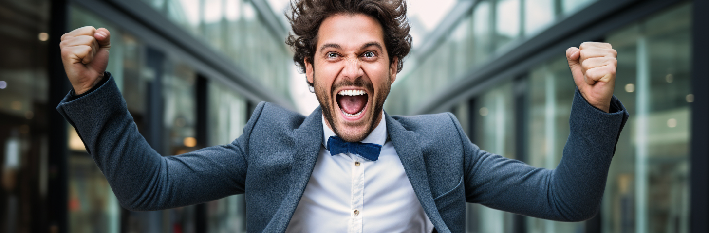 stock photo of a man, excited after his first successful job interview; casual dress, happy, joy, first job