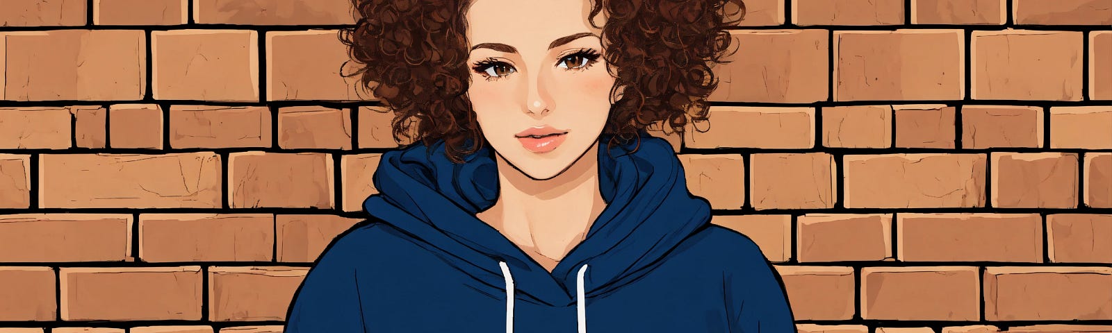 graphic illustration woman with light brown eyes, curly messy bun light brown hair, holding a sparkly white tumbler and wearing a navy blue hoodie sweatshirt that says Mama, sitting against a brick wall background. The brick wall has a laptop, a heat press, a couple of tumblers sitting on it illustration drawing.
