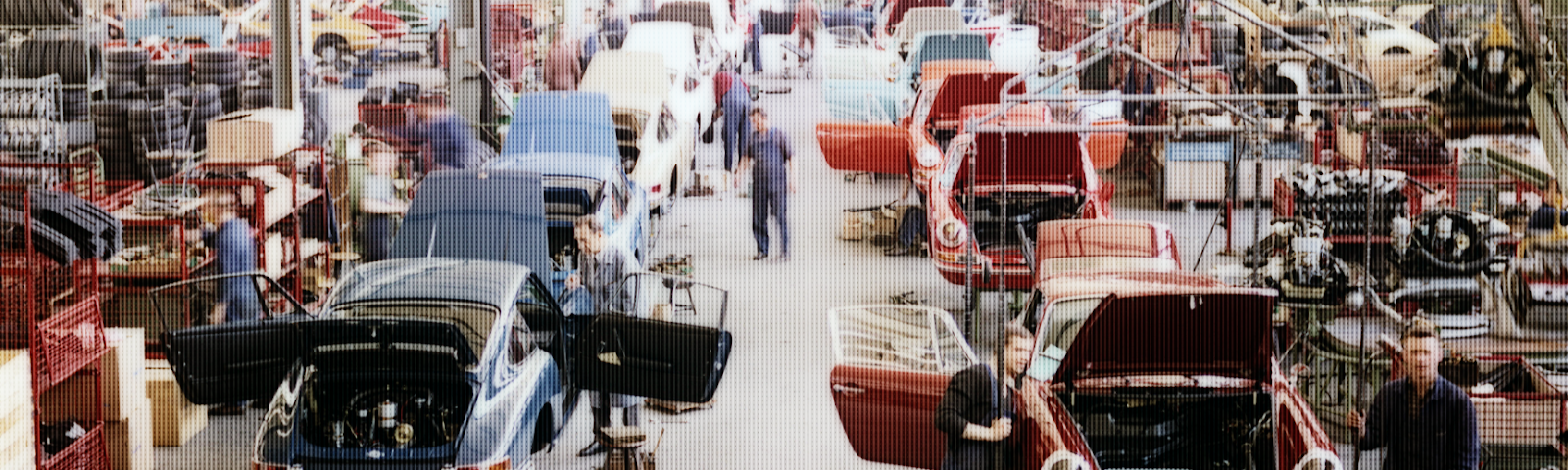Porsche assembly line in the 1970s