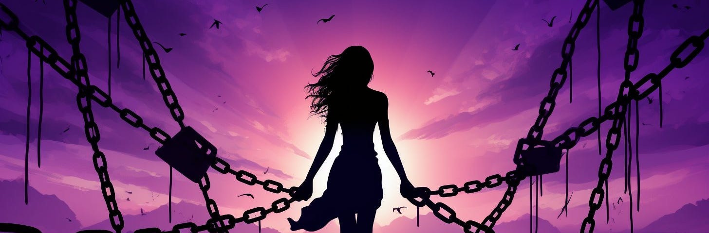 Image of a silhouette breaking chains against a rising sun backdrop, symbolizing resilience against domestic violence.
