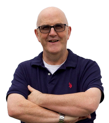 Photograph of Rod Semple, the writer, wearing a navy blue polo shirt and glasses, smiling and looking relaxed with his arms folded across his chest.