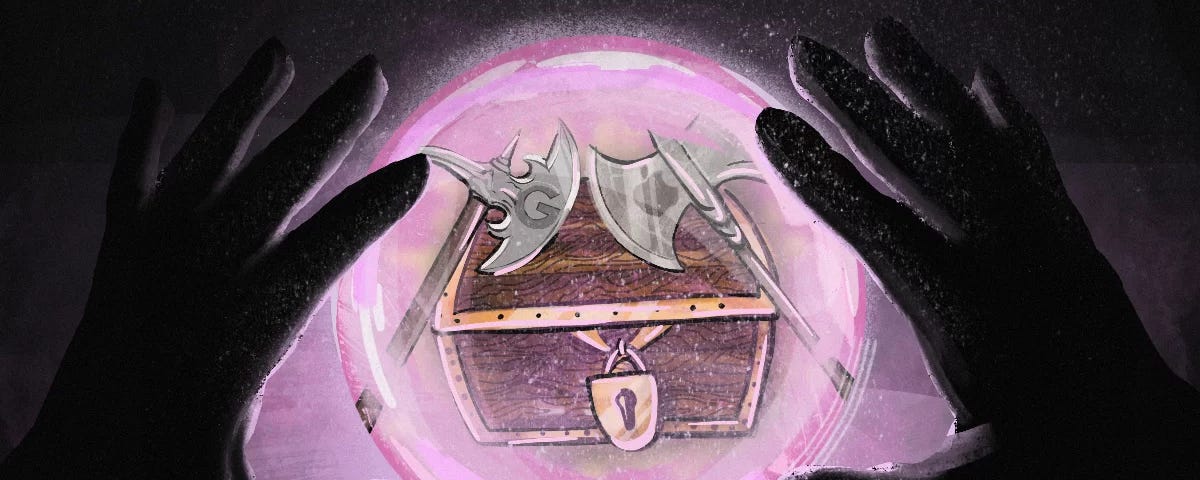 A crystal ball showing someone trying to break open a locked chest