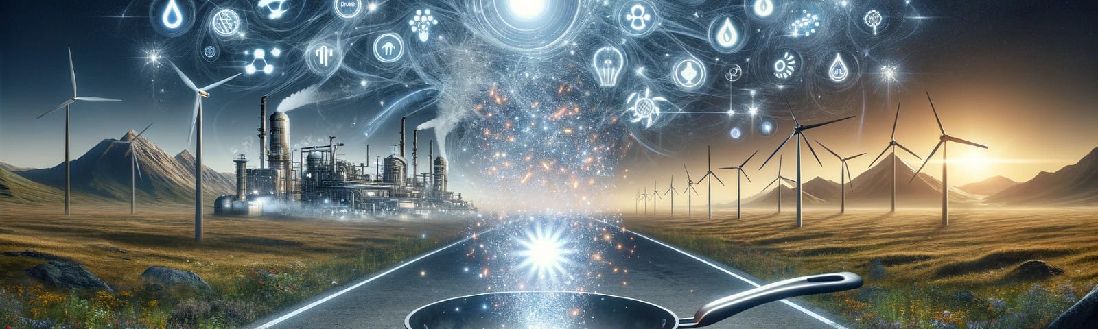 ChatGPT & DALL-E generated panoramic image visualizing the metaphor ‘Flash in the Pan’ as it relates to hydrogen energy technologies. This scene creatively represents the concept with a blend of old-fashioned and futuristic elements.