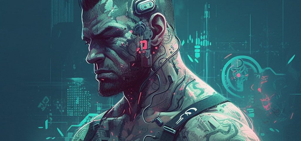 A cyberpunk villain with extra muscles by Zane Dickens