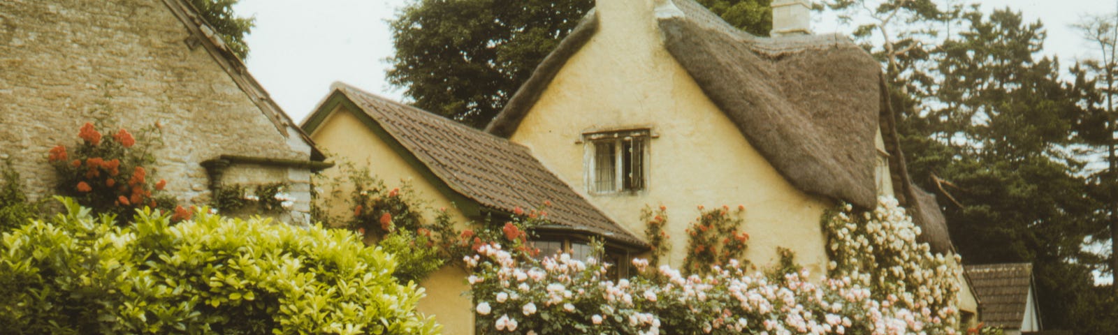 Picturesque English country cottage with thatched roof.