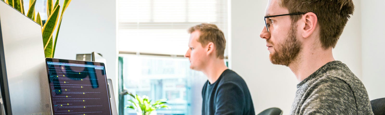 A picture of two people working on computers in an office.