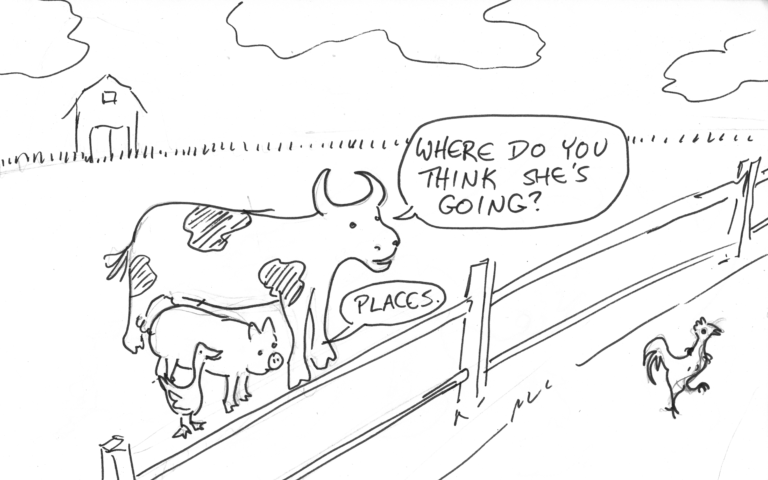 Illustration of chicken crossing the fence
