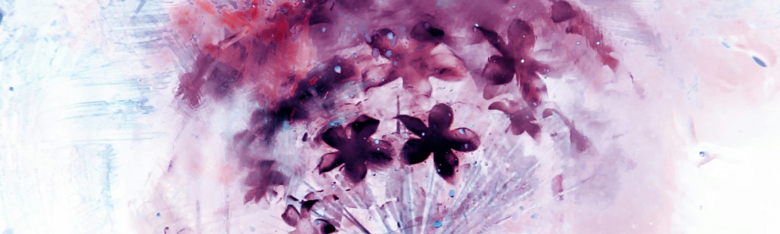 An abstract painting of beautiful purple flowers surrounded by a calm oasis of pale blue, pink, and white
