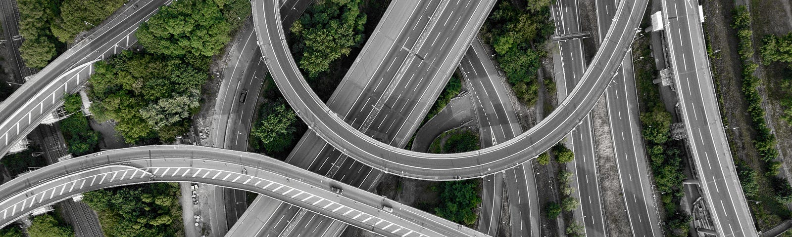 Aerial view of a superhighway with multiple levels.