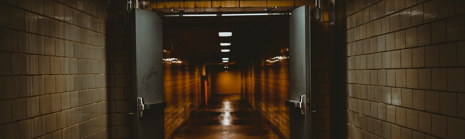 dark hallway with brick walls