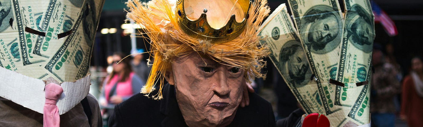 A caricature of Donald Trump wearing a crown and holding a bag of Cheatos