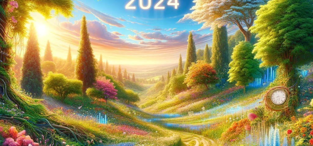 A highly detailed digital art piece capturing the vibrant essence of June 2024 with blooming flowers, lush greenery, and clear blue skies, radiating positivity and hope.