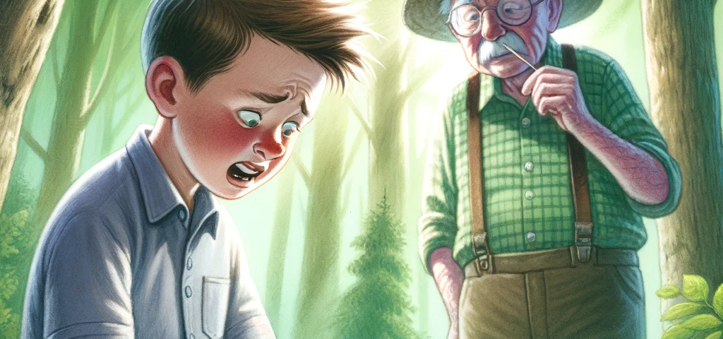 An illustration of a young boy in a forest, visibly distressed by red ants crawling on his legs. He wears shorts and a casual shirt. In the background, his grandfather, wearing an old baseball cap, observes with a calm demeanor, toothpick in mouth, amidst green trees and dappled sunlight.