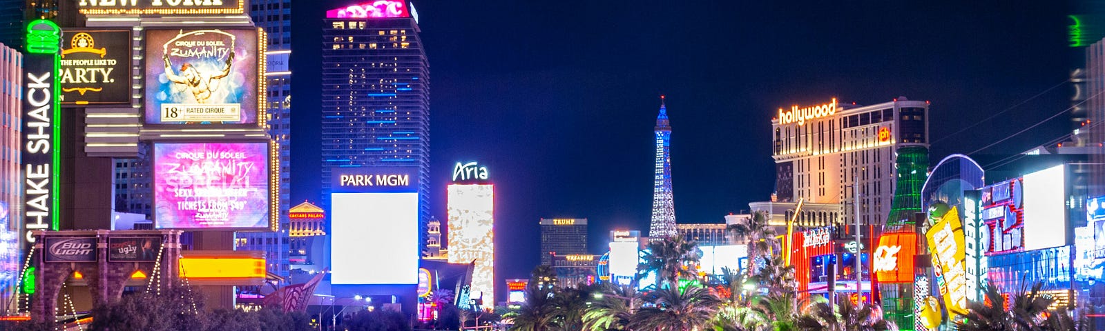 Las Vegas strip at night with brightly lit neon's.