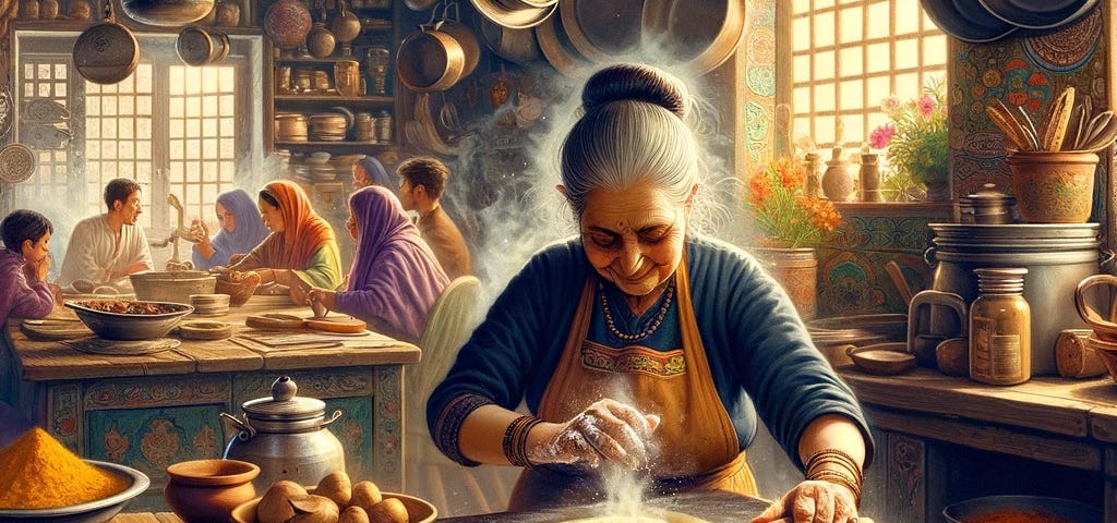 Traditional kitchen scene with woman kneading dough surrounded by dancing spices, capturing a legacy of culinary love and heritage in every detail.