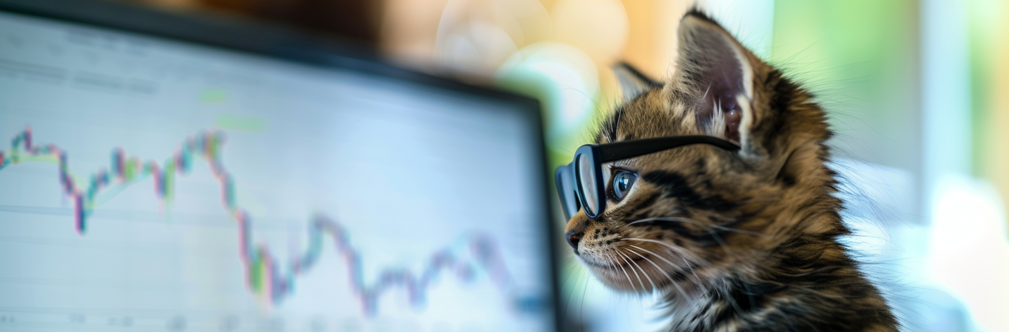 A tabby cat wearing glasses looking at a screen with investment charts, ai image created on midjourney v6 by henrique centieiro and bee lee
