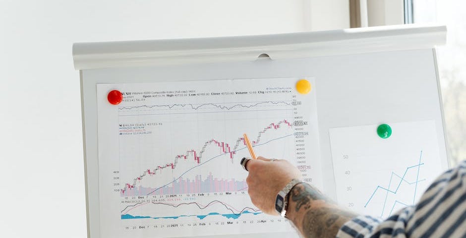 An image of a person analyzing stock charts and graphs while working on a computer.