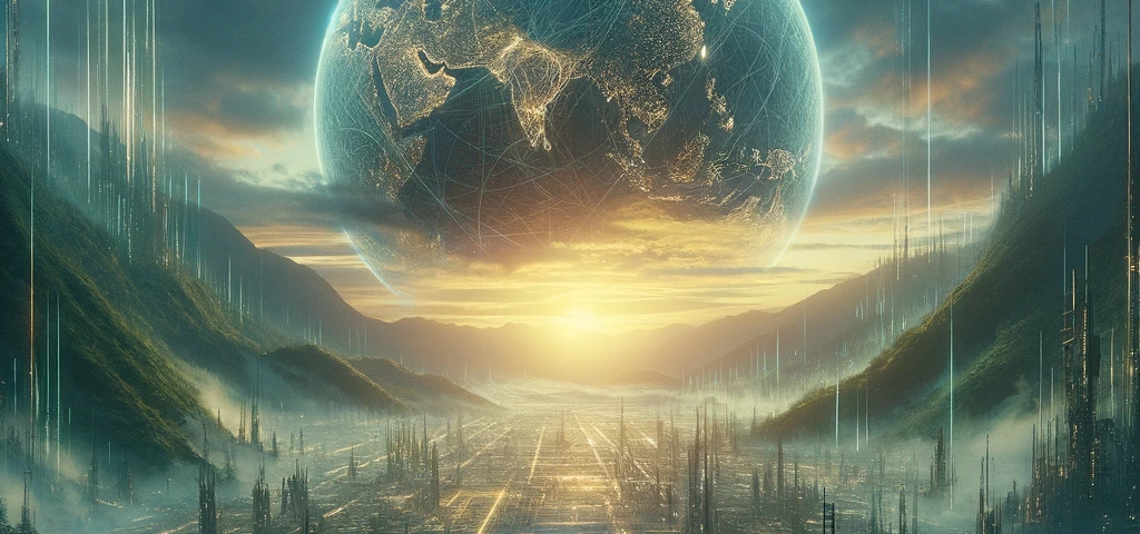 A sci-fi scene with a wise figure holding a glowing orb, symbolizing quantum complexities, against a backdrop of a technologically advanced yet decaying world, blending natural beauty with remnants of civilization at dusk.