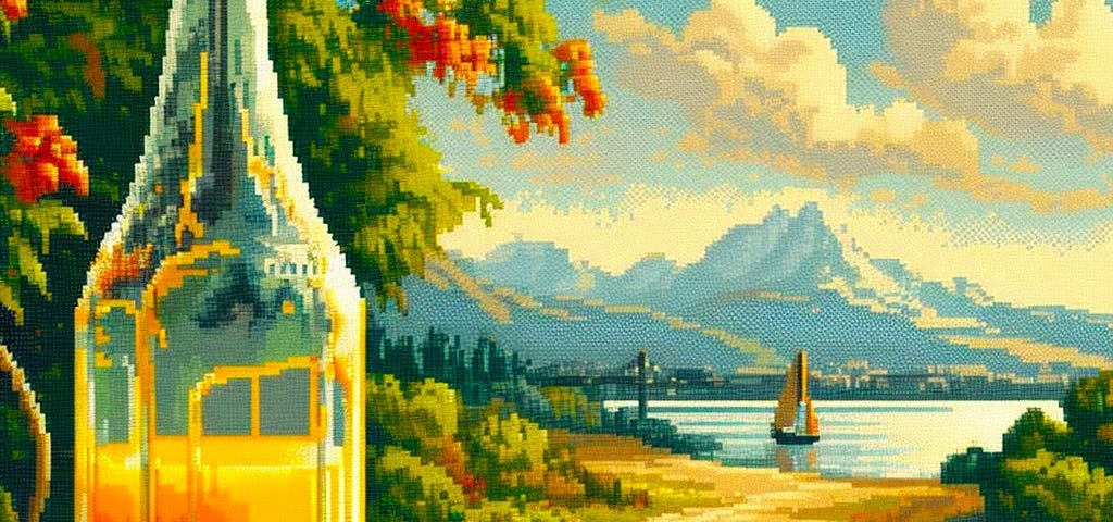 A colorful painting of a stale and broken bottle of mango juice, in the style of 1800s, pixel art