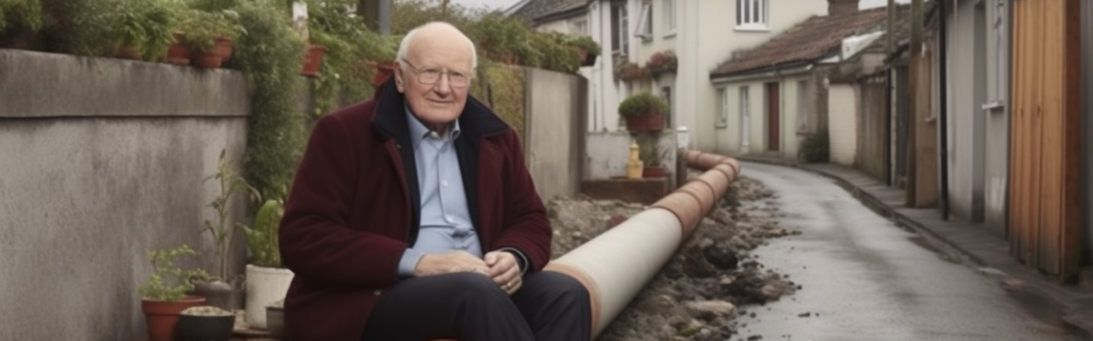 Midjourney generated image of pensioner surrounded by rusting fossil fuel pipelines and infrastructure