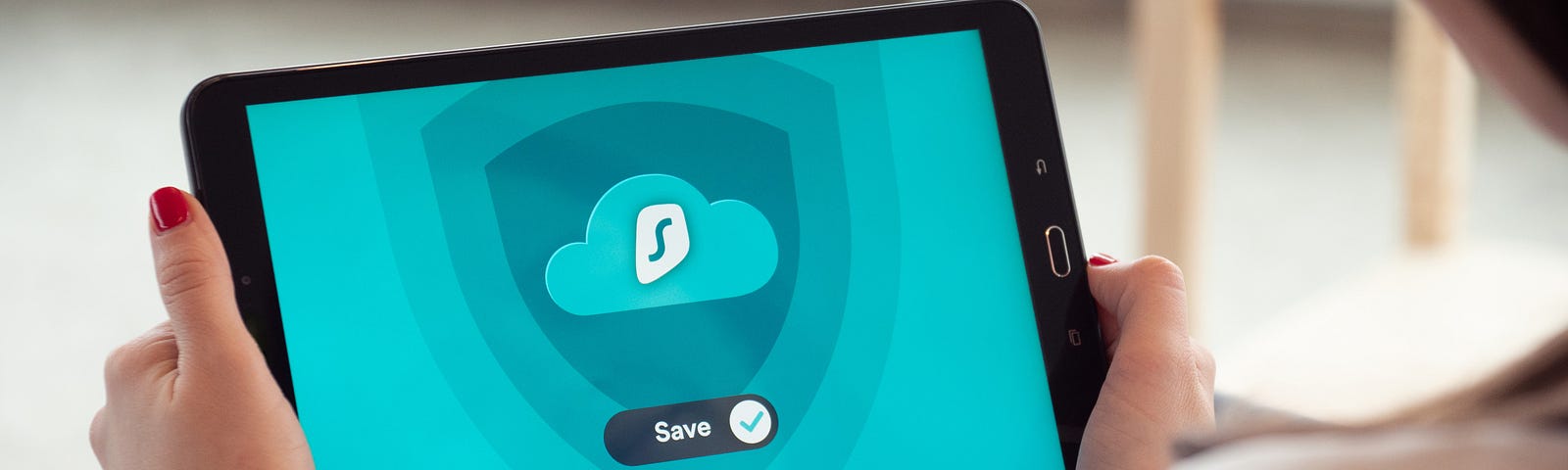 Someone, maybe a woman, with a tablet computer that says “Save” with a green check mark after Save. The blue background has a darker blue shield above the word Save and a lighter blue cloud-like shape on the shield.