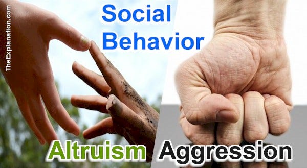Behavior. The 3rd ingredient of how humans function. Our mixture of human nature & free will yields altruism or aggression