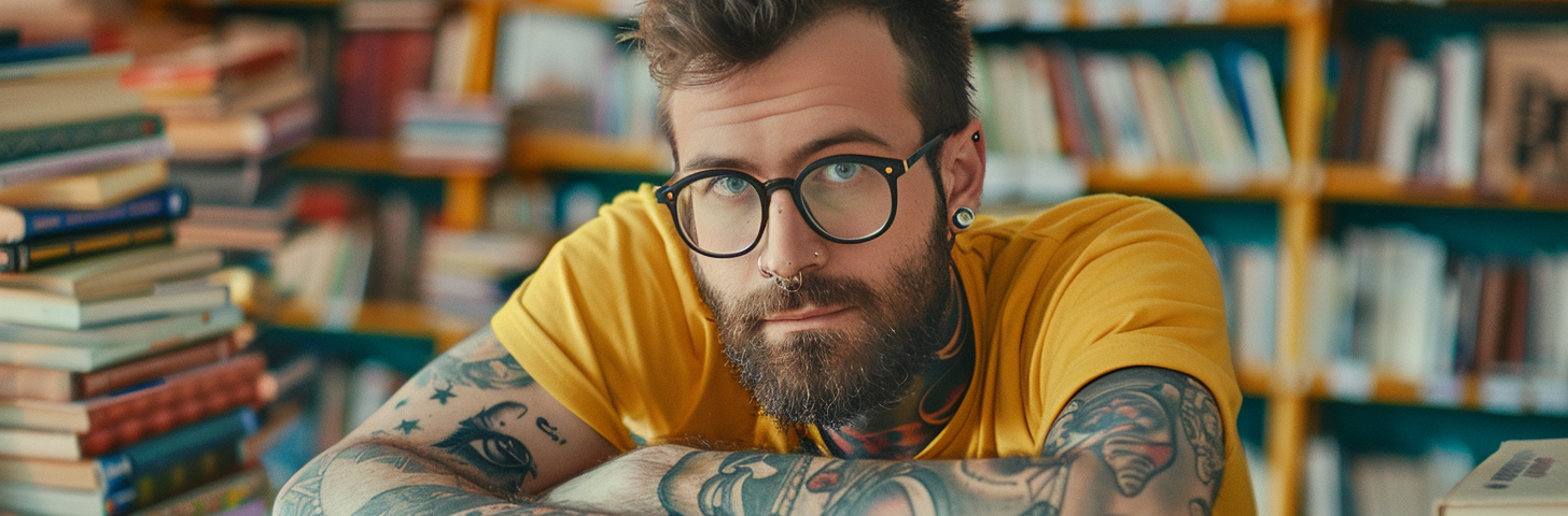 AI image created on MidJourney V6 by henrique centieiro and bee lee, how I read one book per week, photo of a handsome man with glasses, tattoo and beard , yellow t shirt, looking at a big pile of books, thinking deeply, bright day