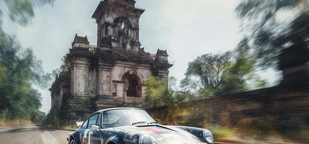 A Porsche speeding past a temple in Cambodia