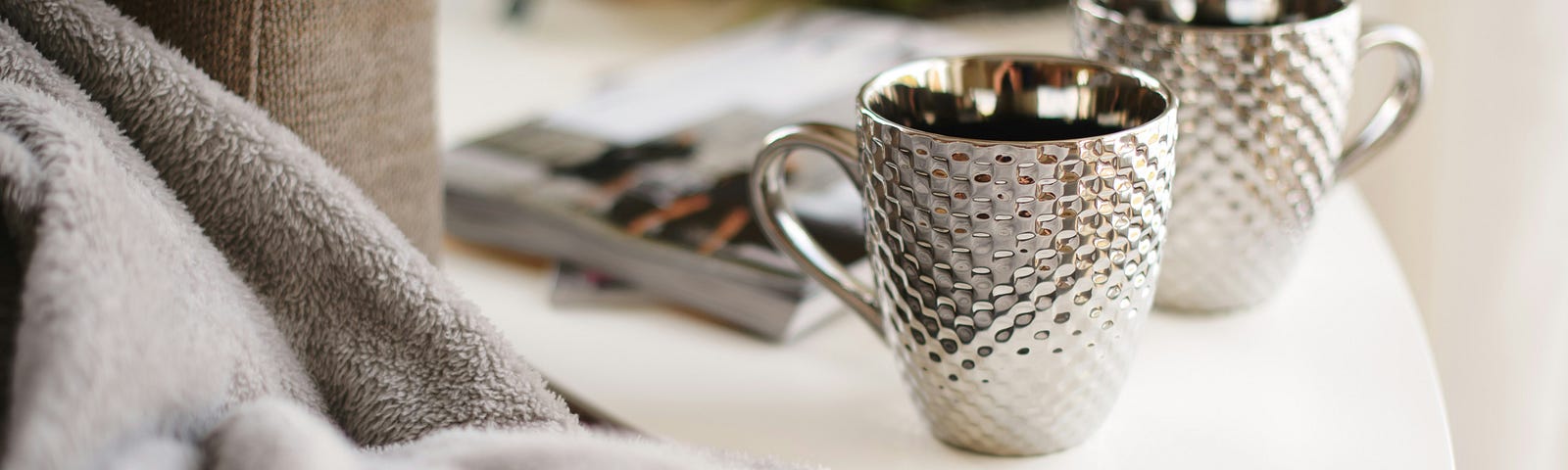 cups, mugs, silver, coffee, book, pages