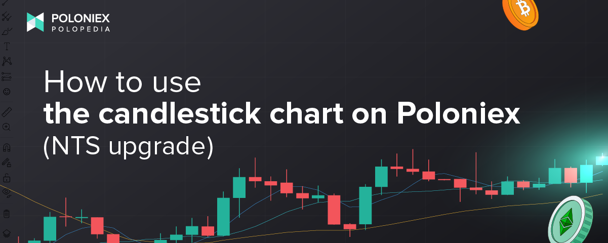 Heading banner for “How to use the candlestick chart on Poloniex (NTS upgrade)”. A candlestick chart with floating crypto tokens.