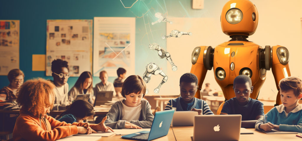 A robot teaching a classroom of diverse students coding on computers.