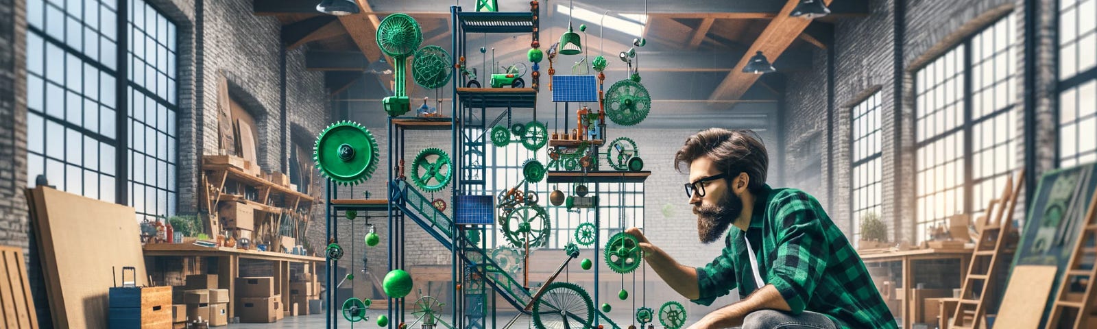 ChatGPT & DALL-e generated panoramic image of a hipster assembling a green Rube Goldberg machine